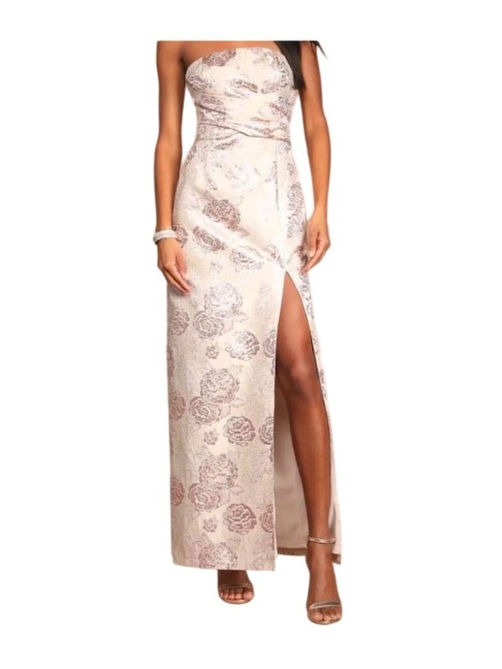 Lulus Redefine Regal Pale Pink Floral Jacquard Strapless Maxi Dress With Side Sl